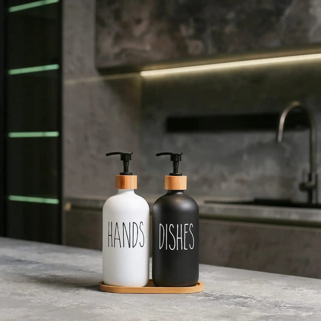 Ceramic Hands & Dishes Dispensers with Bamboo Holder