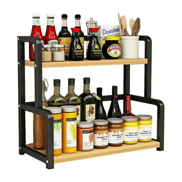 Metallic & Bamboo 2-Tier Spice/Counter Rack (50 × 18 × 42 cm)
