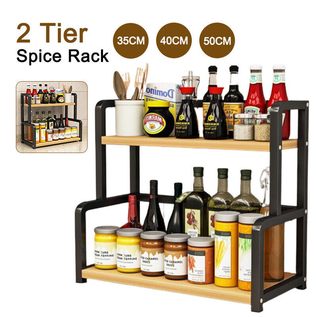 Metallic & Bamboo 2-Tier Spice/Counter Rack (50 × 18 × 42 cm)