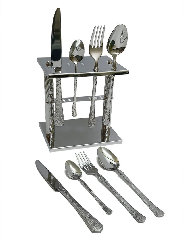 Hammered Cutlery Set with Stand — Gold & Silver Stainless Steel
