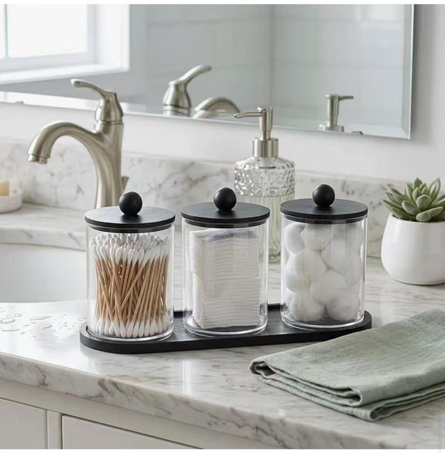 3 Piece Acrylic Storage Jars — Bathroom and Desk Organizer with Tray