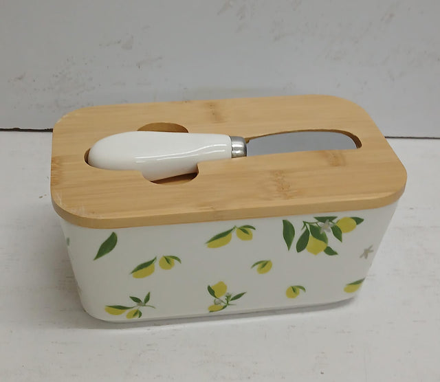 Ceramic Butter Dish with Bamboo Lid & Knife