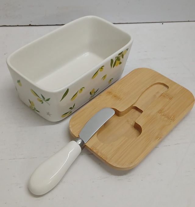 Ceramic Butter Dish with Bamboo Lid & Knife