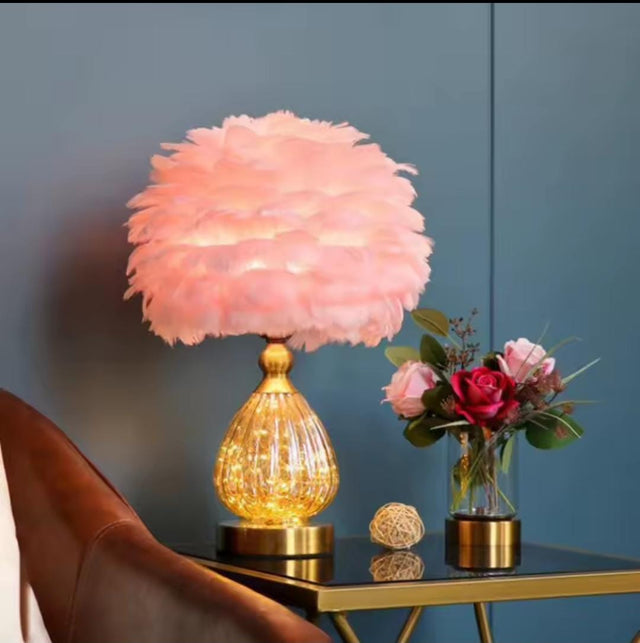 Pink feather table lamp gold glass base fairy lights — iDecorators Kenya