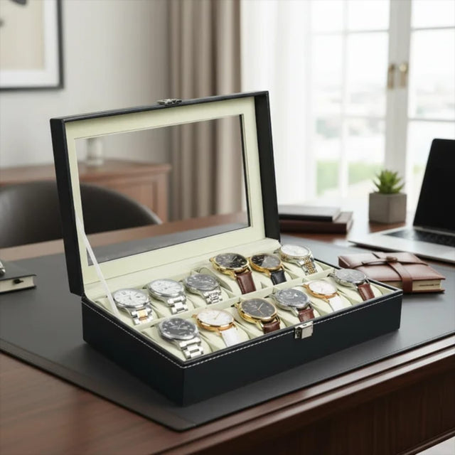 12 Slot Watch Box — PU Leather Briefcase Style Organizer
