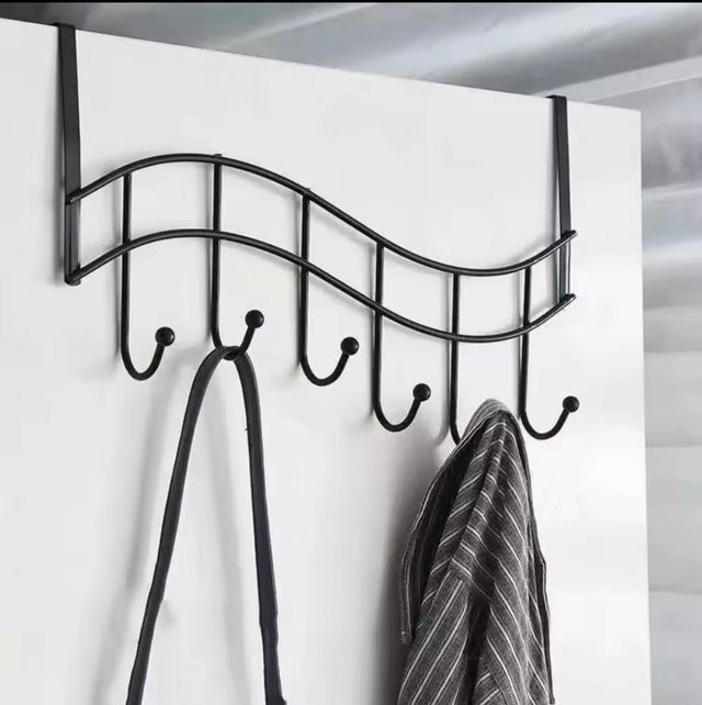 Heavy Duty Over the Door Hanger with Wave Design, Black Metal — 6 Hooks