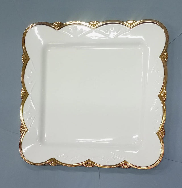 White Ceramic Heavy Dinner Plate with Gold Rim, Available in Different Shapes — 10 Inch spn