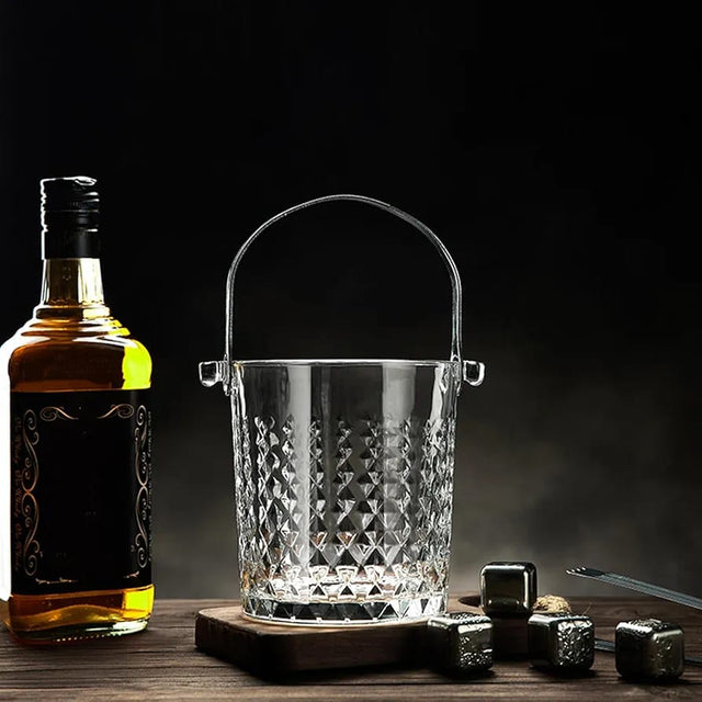 Clear Glass Crystal Ice Bucket with Metal Handle and Ice Tong — 900ml