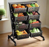 Steel Vegetable and Fruit Rack with 4 Tiers, 8 Ventilated Plastic Baskets and Lockable Wheels — 60 x 47 x 119 cm