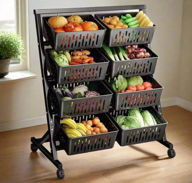 Steel Vegetable and Fruit Rack with 4 Tiers, 8 Ventilated Plastic Baskets and Lockable Wheels — 60 x 47 x 119 cm