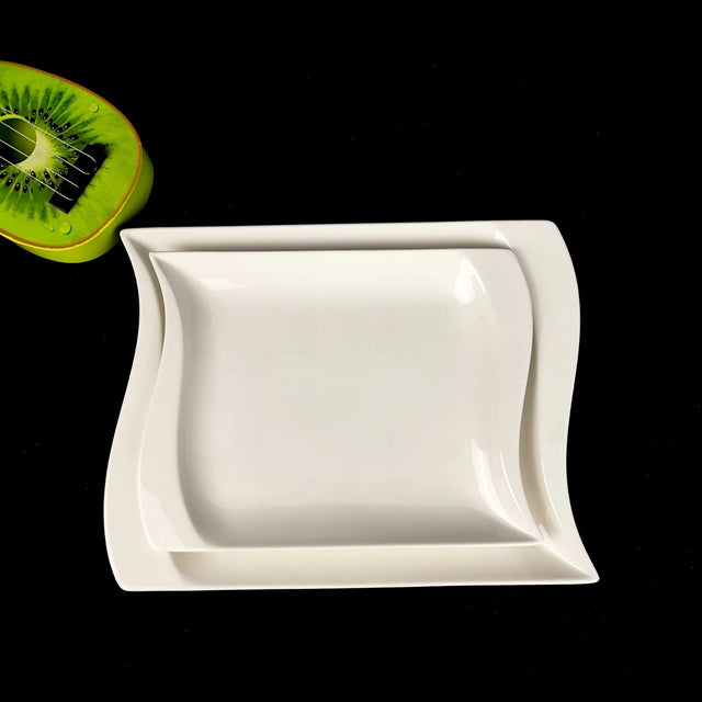 White Square Heavy Porcelain Ceramic Side Plates with Wave Edges — 8 Inch