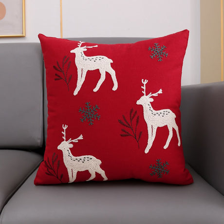 Embroidered Red Christmas Cushion with White Reindeer and Green Snowflakes — 45 x 45 cm car