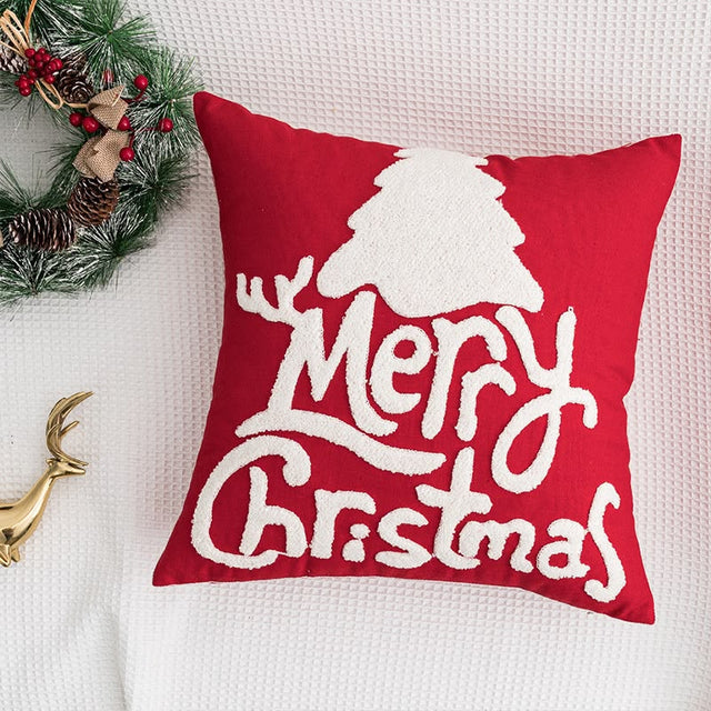 Embroidered Red Merry Christmas Cushion with White Christmas Tree — 45 x 45 cm car