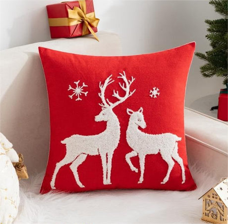 Embroidered Red Christmas Cushion with White Reindeer Couple and Snowflakes — 45 x 45 cm car