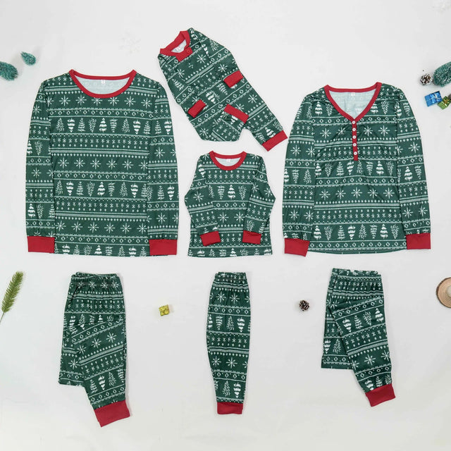 Green Christmas Matching Family Pajamas with Tree and Snowflake Print, Polycotton Set for Women and Kids