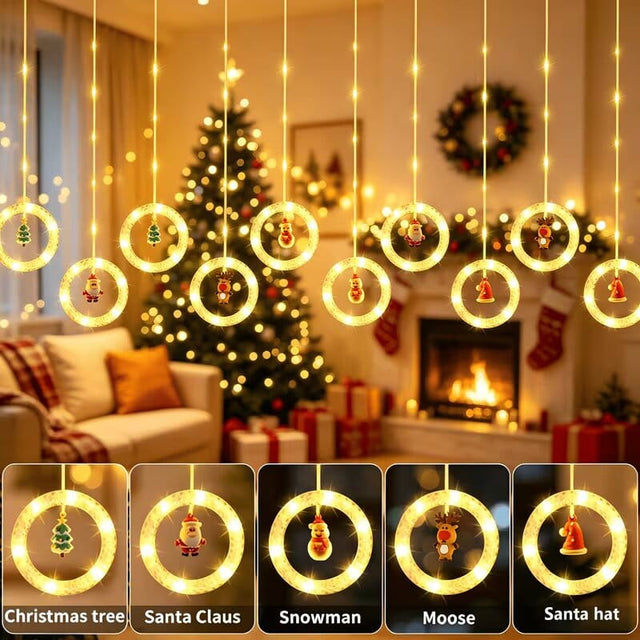 Warm White Ring Christmas LED Curtain Lights USB Powered with Remote — 10 Pendants san