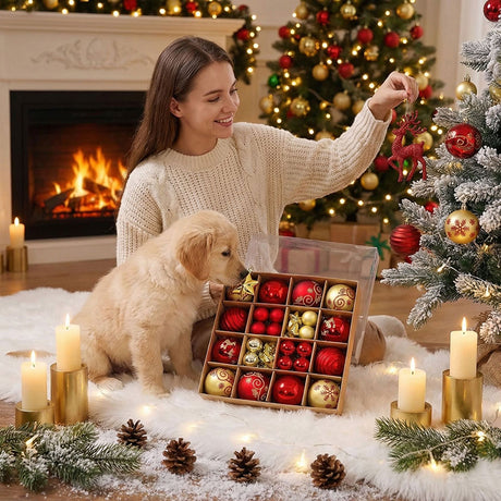 Red and Gold Christmas Tree Baubles Set, Assorted Hanging Ball Ornaments in 3 cm and 6 cm — 44 Pieces san