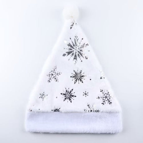 White Plush Christmas Hat with Silver Snowflake Print and Pom Pom zaw
