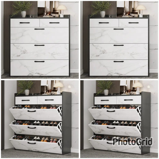 Bucket flip shoe cabinet with marble effect.