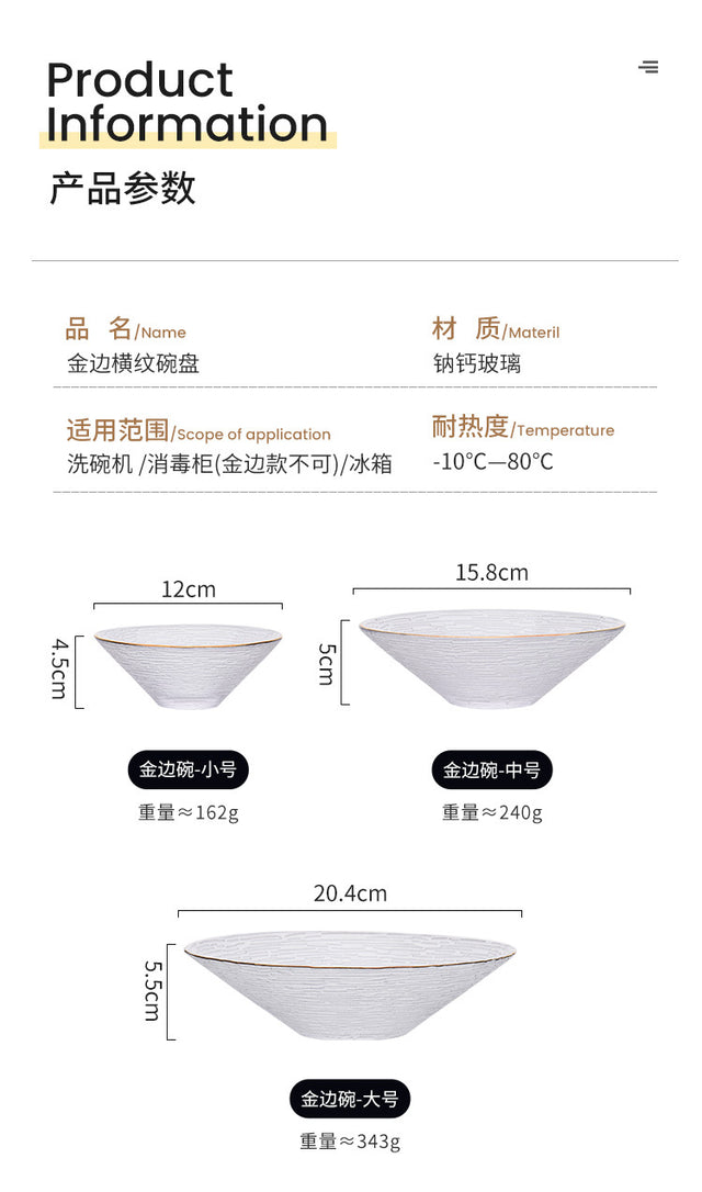 Transparent Glass Plate  Golden Edge Fruit Salad Dessert Breakfast Dish Bowl Set Tablewear Dishes