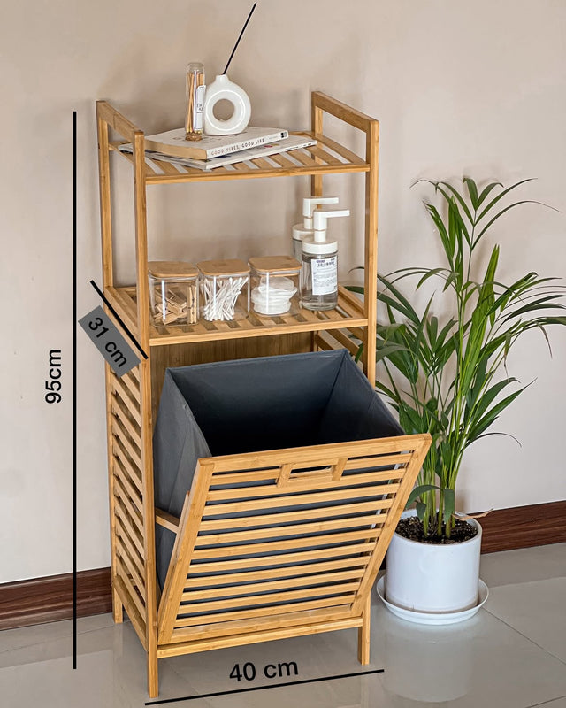 Laundry Hamper Bamboo Basket with removable fabric liner shelf rack.