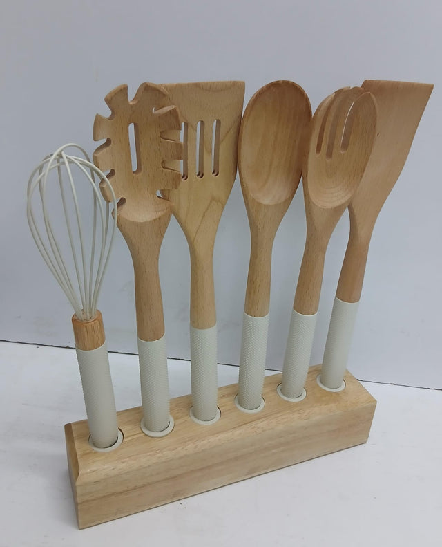 Wooden Kitchen Utensil Set with Holder – 6 Pieces