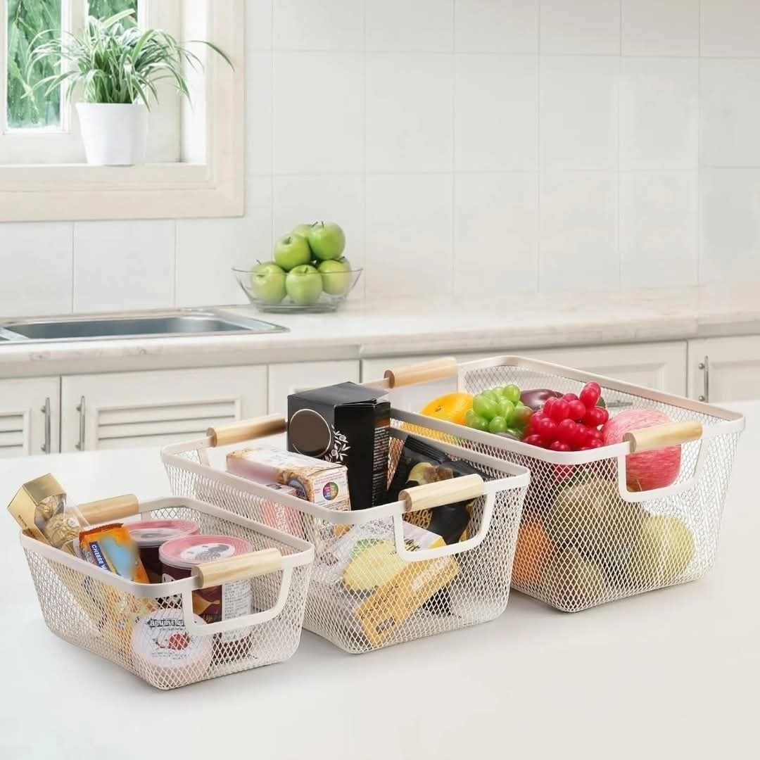 White Mesh Plastic Storage Baskets with Bamboo Handles (Set of 3) njr