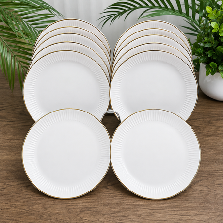 White Ribbed Porcelain Dinner Plates with Gold Rim – 6 Piece Elegant Plate Set