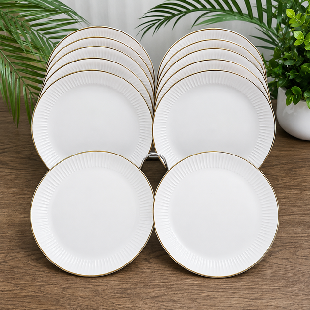 White Ribbed Porcelain Dinner Plates with Gold Rim – 6 Piece Elegant Plate Set