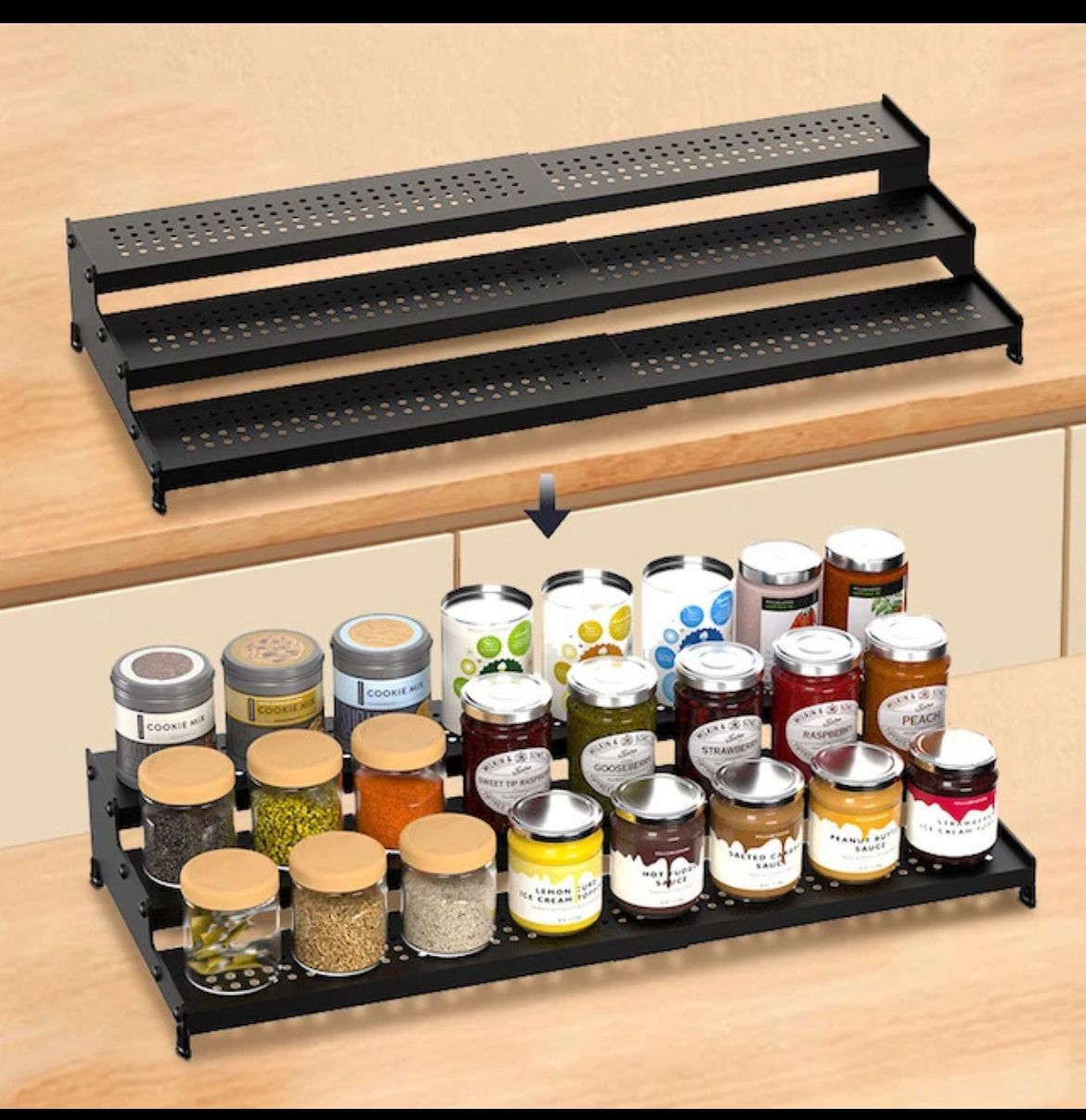 Expandable 3tier metallic spice/cosmetic display rack