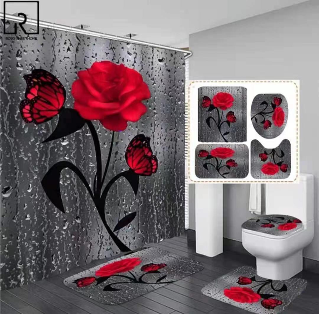 3D 4 in 1 Bathroom Woolen Mats with a Waterproof Shower Curtain