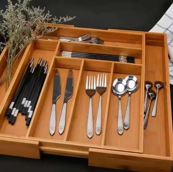 Expandable Bamboo Cutlery Drawer Organizer – Multifunctional Wooden Utensil Holder (35×29×4.5cm – Expands to 42.5cm)