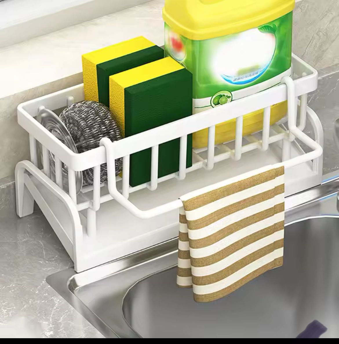 Sink Drain Rack Sponge Holder with a towel hanger