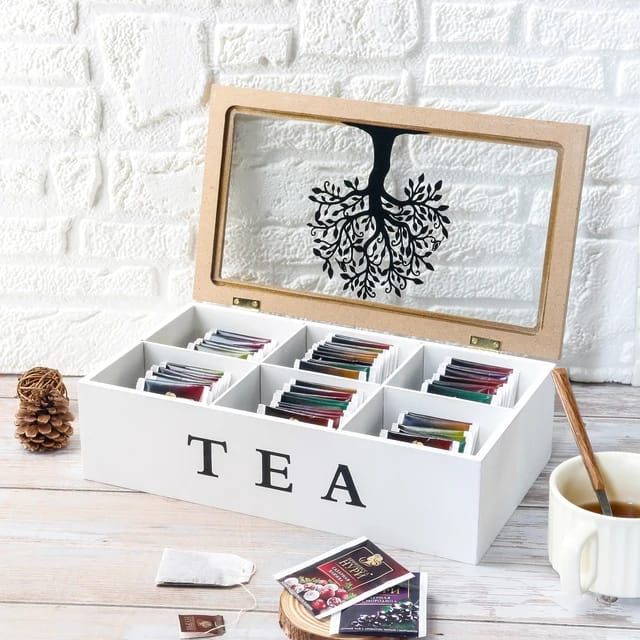 Decorative 6-Slots Wooden Tea Bag Storage Box