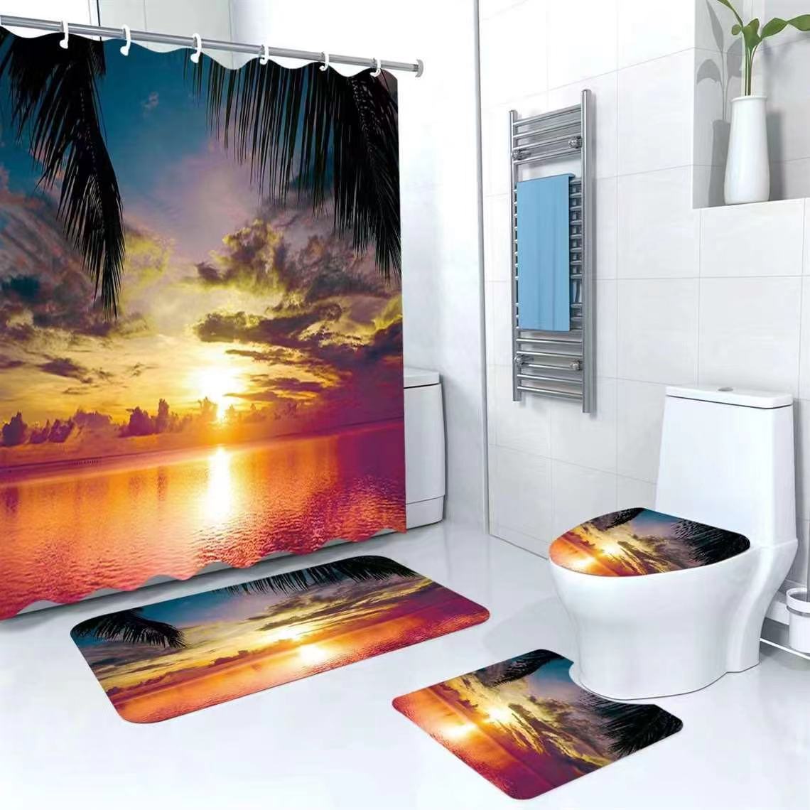 3D 4 in 1 Bathroom Woolen Mats with a Waterproof Shower Curtain