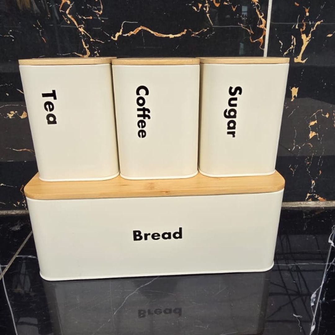 Bread Bin with Three Canister Set with Bamboo Lid