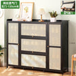 Modern wooden shoe cabinet with rattan-style breathable doors and large storage compartments for entryway shoe organization and home décor.