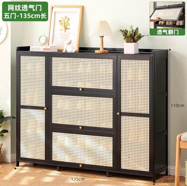 Modern wooden shoe cabinet with rattan-style breathable doors and large storage compartments for entryway shoe organization and home décor.