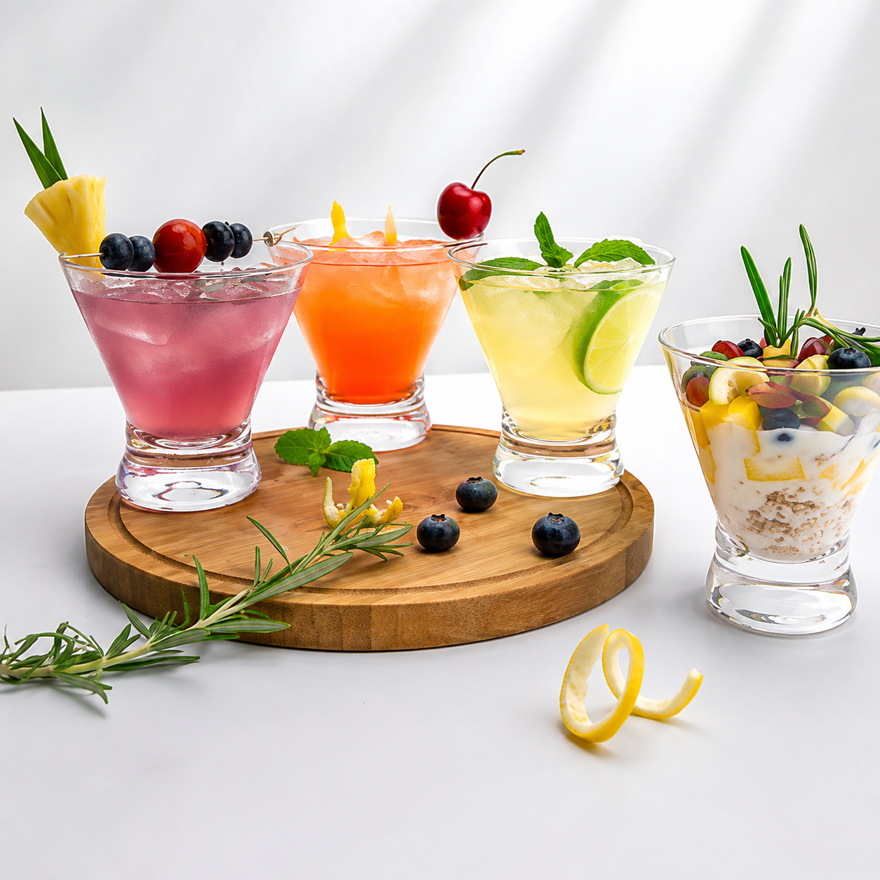 Four colorful cocktails in clear glasses arranged on a round wooden tray, with a glass of layered parfait on the right. The drinks are garnished with fruit, mint, and lemon, set against a bright white background with soft shadows.