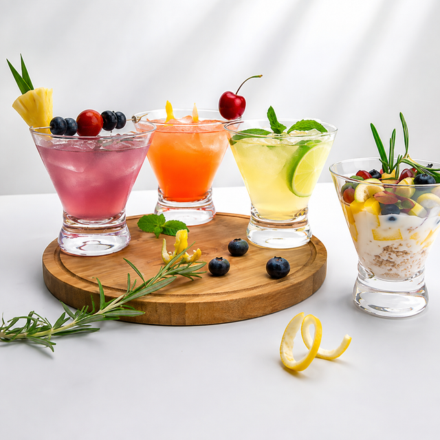 Four colorful cocktails in clear glasses arranged on a round wooden tray, with a glass of layered parfait on the right. The drinks are garnished with fruit, mint, and lemon, set against a bright white background with soft shadows.