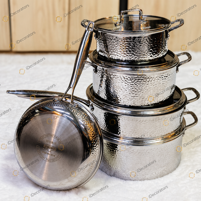 Hammered Triply Stainless Steel Cookware Set (VK 99 – Silver) 9pcs