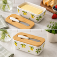 White ceramic butter dish with lemon print, bamboo lid and matching butter spreader knife