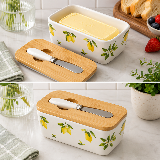 White ceramic butter dish with lemon print, bamboo lid and matching butter spreader knife