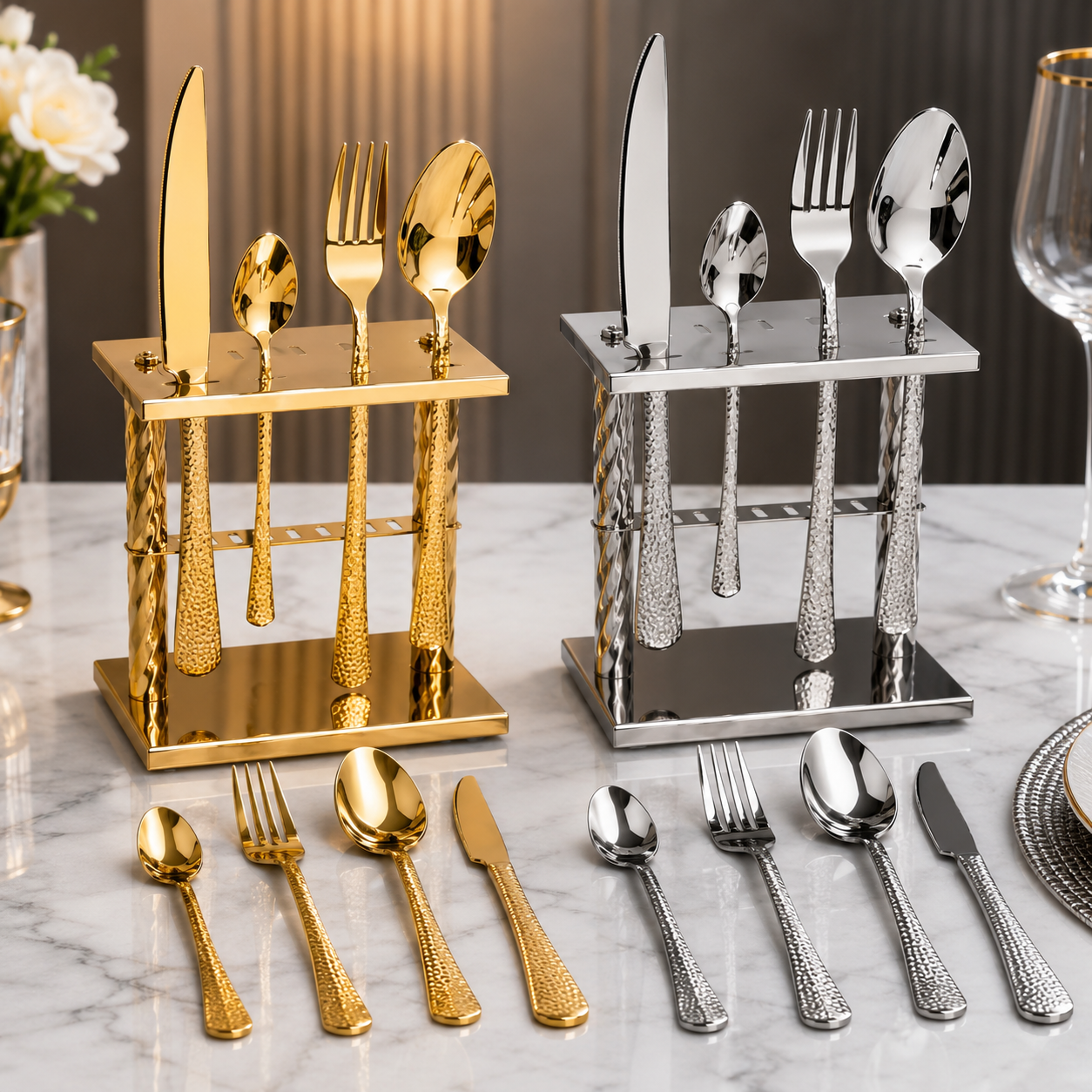 Hammered cutlery set gold silver with display stand — iDecorators Kenya
