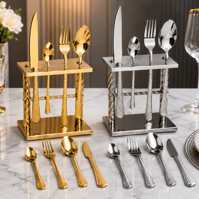 Hammered cutlery set gold silver with display stand — iDecorators Kenya