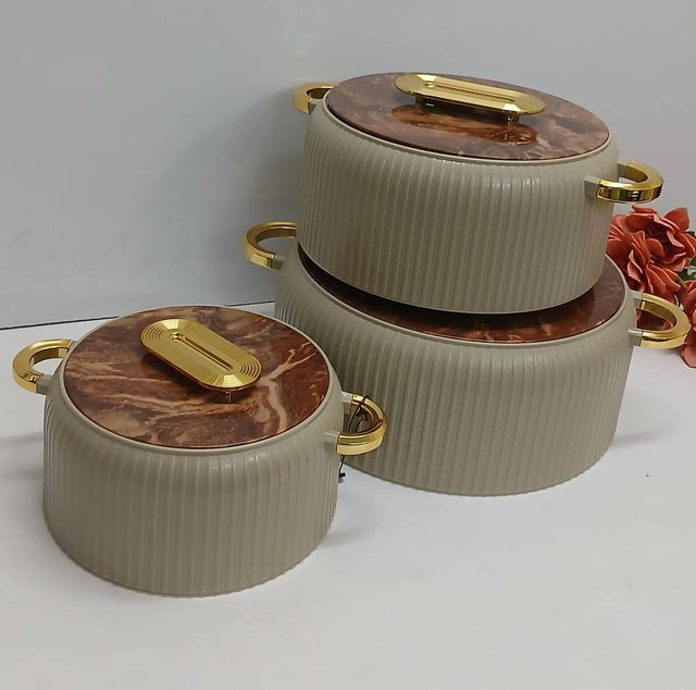 Hotpot set beige fluted with brown marble lids and gold handles — iDecorators Kenya