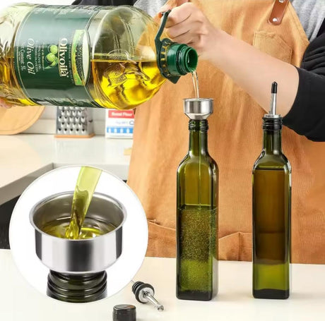 2 piece 500ml dark green glass oil dispenser bottle set with stainless steel pour spouts and funnel