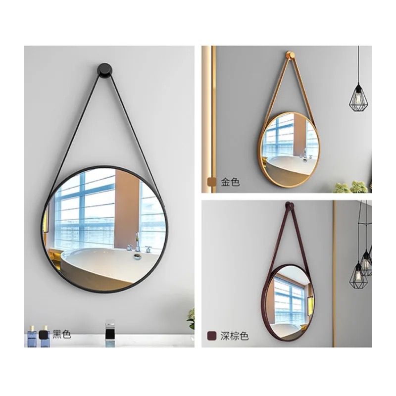 Minimalist Nordic Round  Decorative Mirror With A Leather Strap