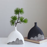 Modern Ceramic Vase - Fish-Tail Design in Matte Black & White, Handcrafted with Snow Powder Mountain Patterns for Home Décor