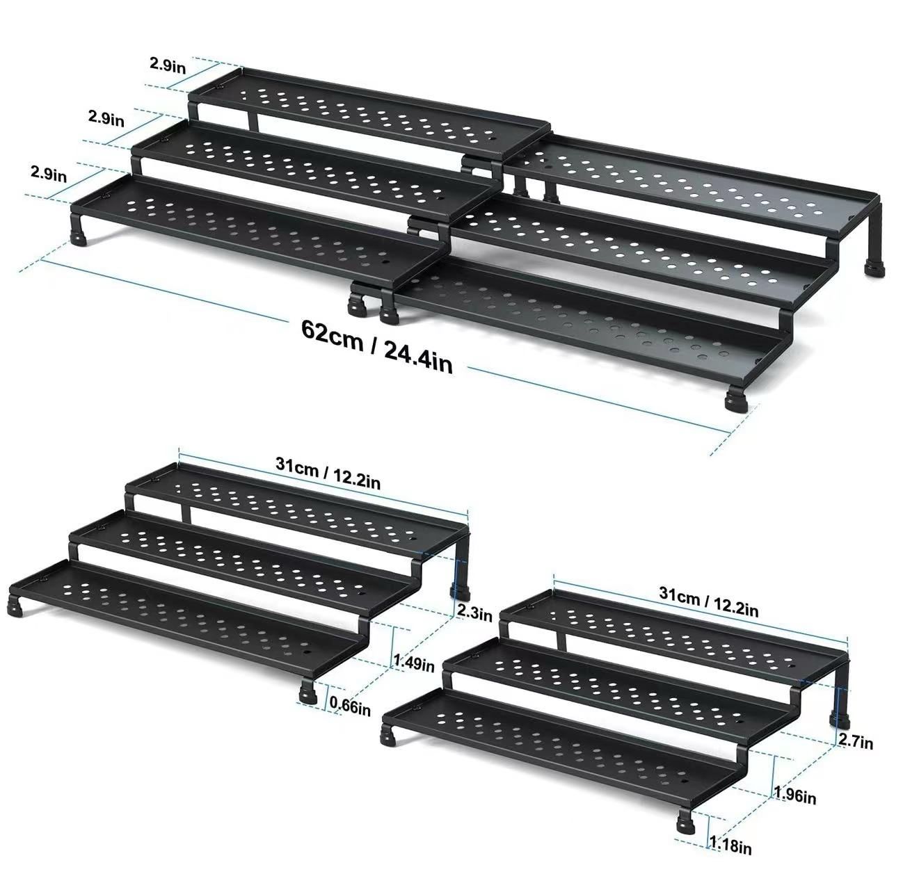 Expandable 3tier metallic spice/cosmetic display rack